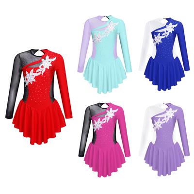 Mädchen Eiskunstlauf Tanzkleid Langarm Glänzend Strass Blume Verziert