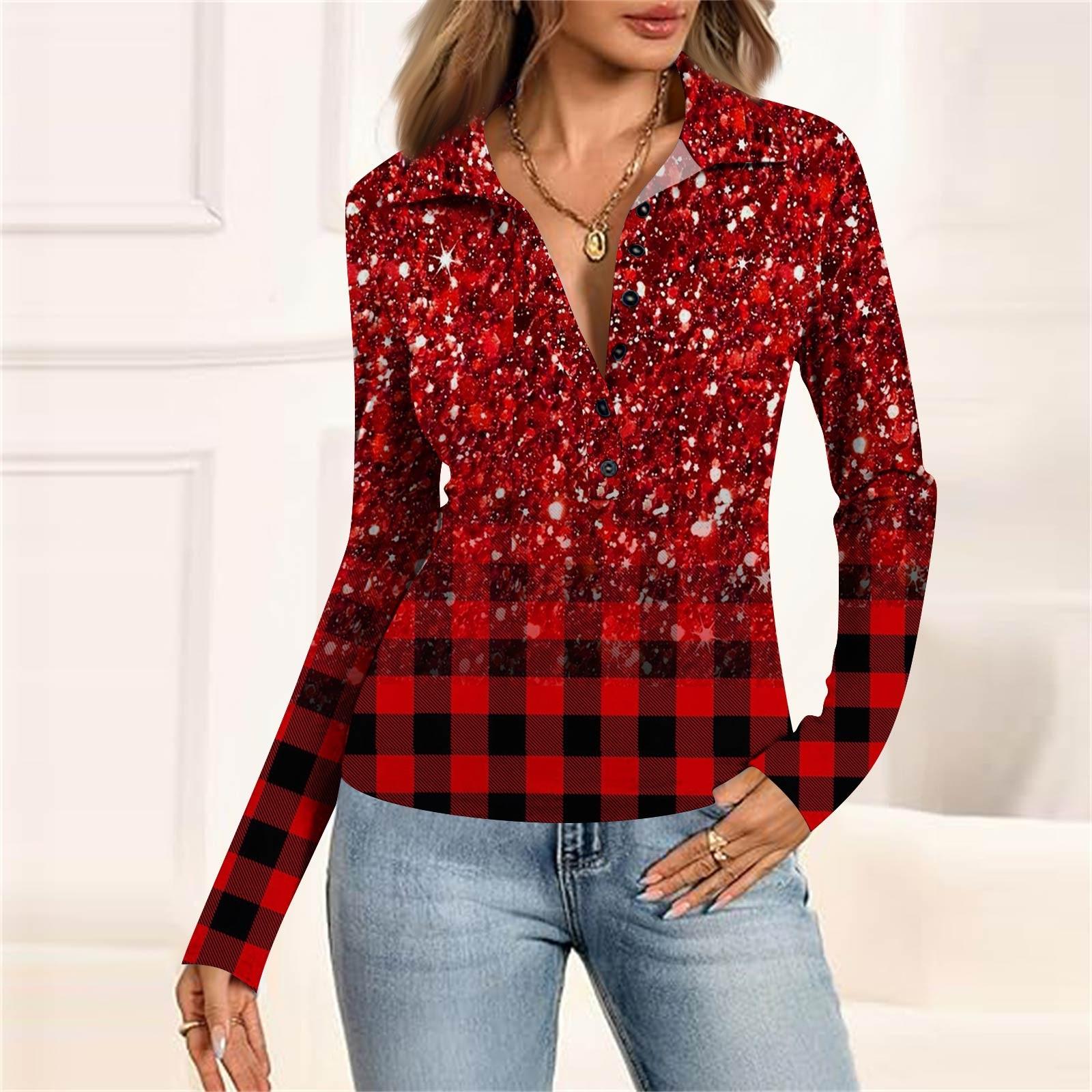 

Женская мода Повседневный принт V-образный вырез Длинный рукав Застегивающаяся на пуговицы блузка XL винный