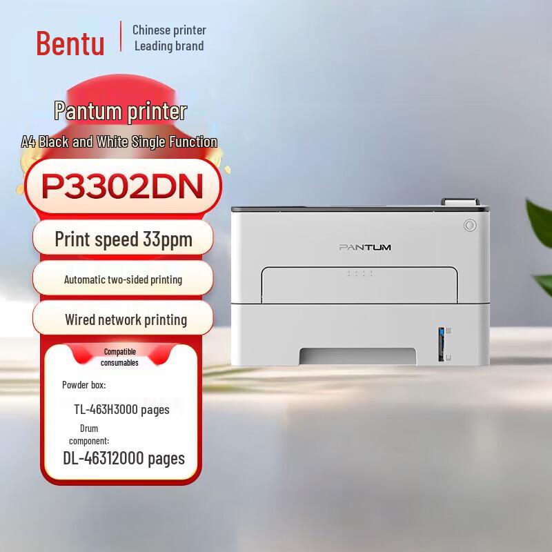 

Pantum P3302DN A4 Black & White Laser Printer CN plug (adapter included)