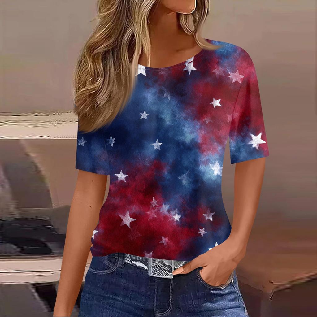 Damski modny, swobodny, krótki rękaw, nadruk, okrągły dekolt, bluzka typu pullover