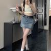 Spicy Girl High Waist Retro Slit Denim Skirt with Double Belt - Women's Summer A-line Mini Skirt