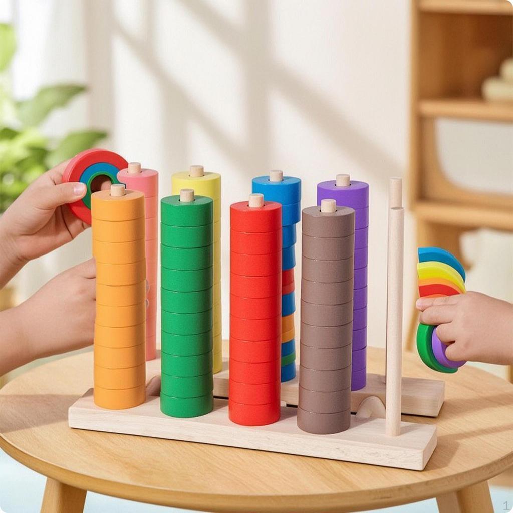 Wooden Stacking Toy ChildCentered with Bell Smooth Disc Stacker for Young Children,