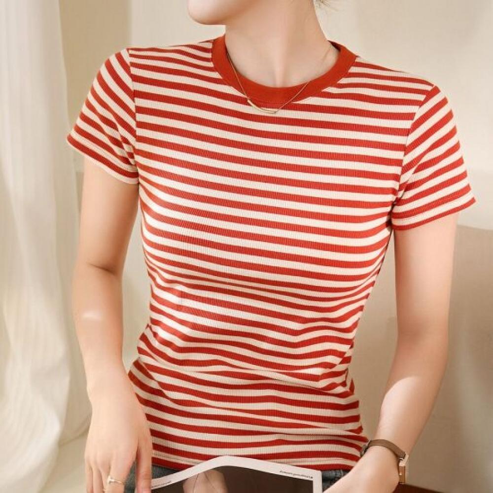 Navava NT3345 Women S caSual Daily STriped Round Neck ShorT Sleeve T ShirT