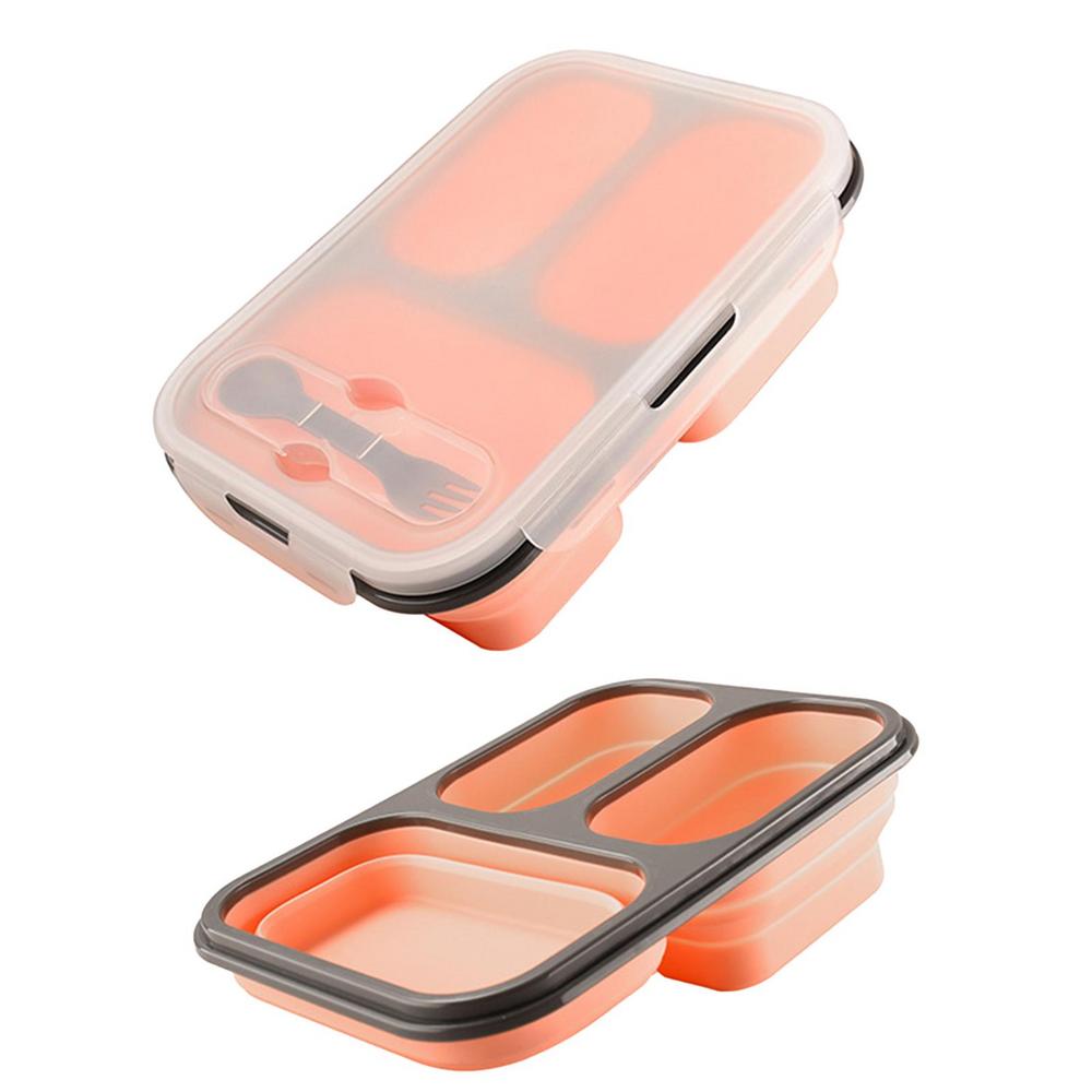 Silicone Bento Lunch Box 3 Compartment Foldable Lunch Food Container With Spoon Safe In Microwave Dishwasher Freezer