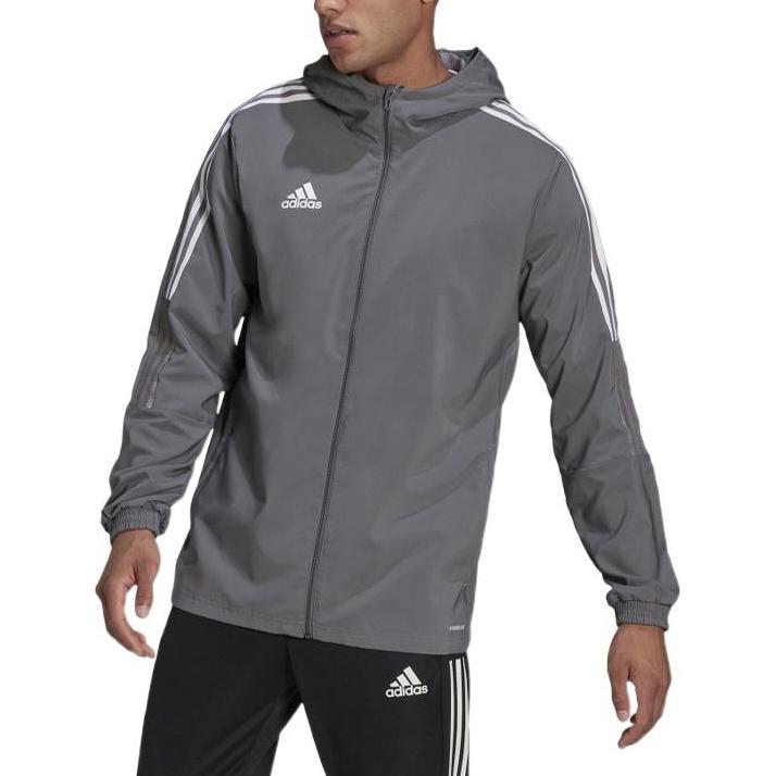 Adidas Side Stripe Logo Print Hooded Jacket Men Jackets Grey GP4964
