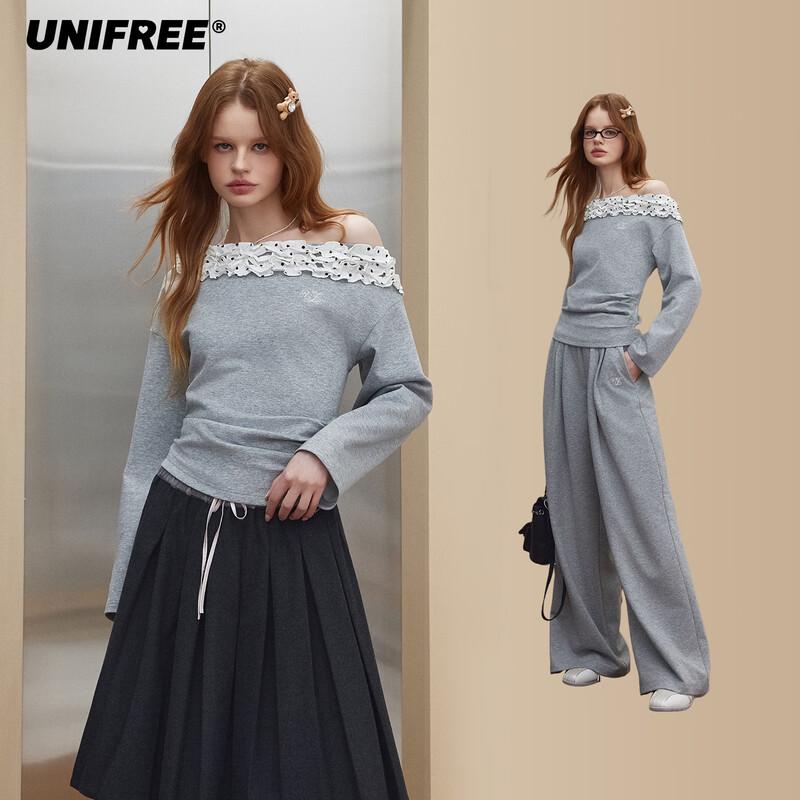 UNIFREE Autumn Lace-Trim Long-Sleeve Sweatshirt