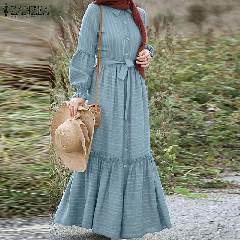 

ZANZEA Женщины Отворачиваться воротник Длинное платье Весна Лето Ретро Длинное платье