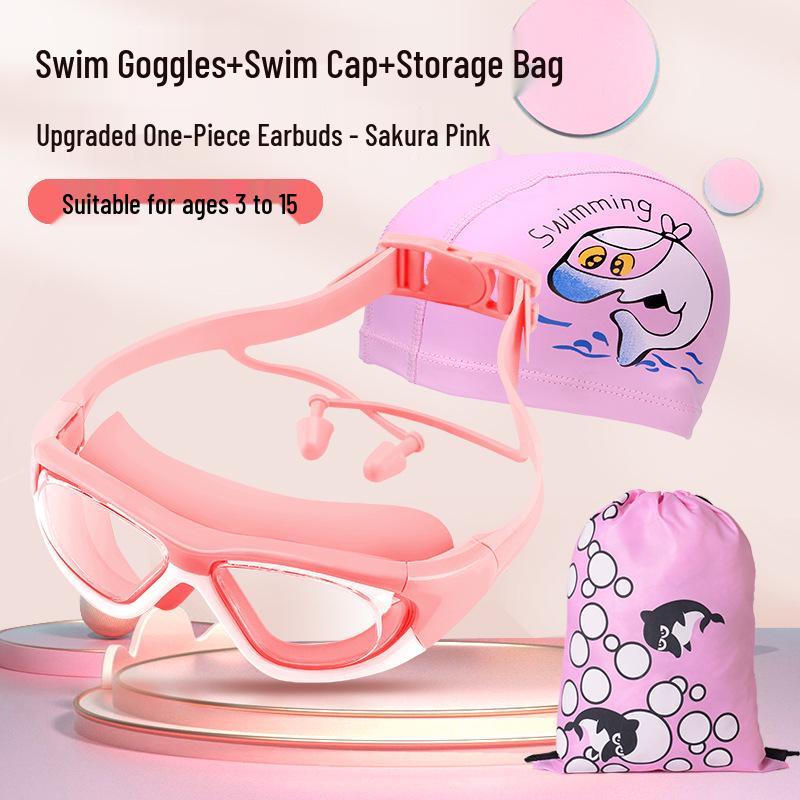 Children's Large Frame Anti-Fog Swim Goggles and Cap Set - Waterproof, HD, for Boys and Girls
