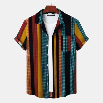 Beach Style Cuban Collar Shirt Cotton and Linen Striped Short-sleeved Blouse Men
