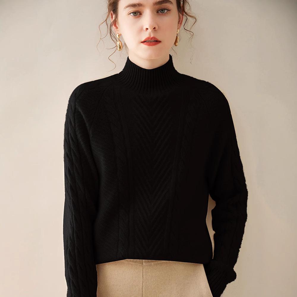 Women's Thickened Cashmere Sweater - Autumn/Winter, Half-High Neck, Twist Pattern Pullover, Casual Fashion.