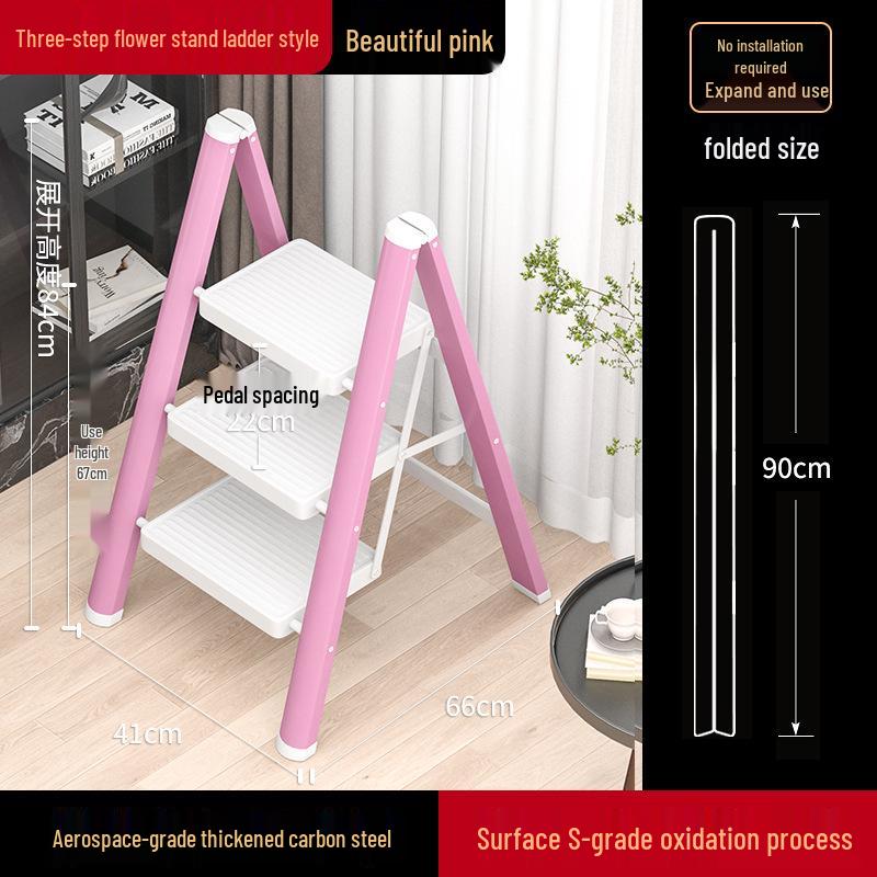 Lightweight Multifunctional Festive Red Three-Step Folding Ladder with High-Grade Anti-Slip Steps for Home Storage.