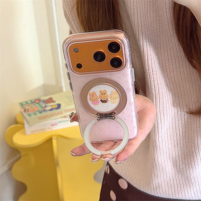 Cute Pink Floral Miffy Phone Case For iPhone 17 Pro 16 15 17 Pro Max with 360 All-in-One Stand Shockproof 17 15 16 Cover Cases