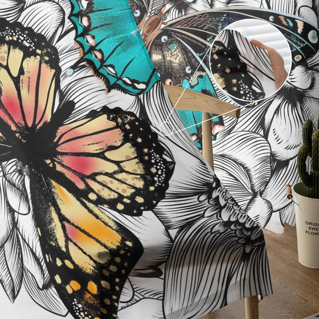 Flower Butterfly Tulle Curtains for Bedroom Living Room Chiffon Drapes Home Decor Sheer Window Treatments