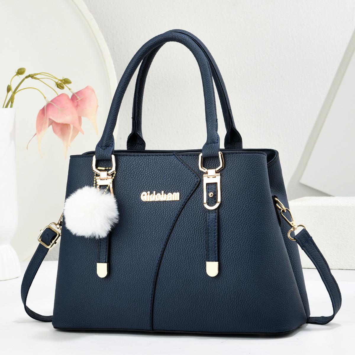 Minimalist Plain Color Roomy Handbag With Fluffy Pendant, All-match Shoulder Crossbody Commuter Bag For Ladies