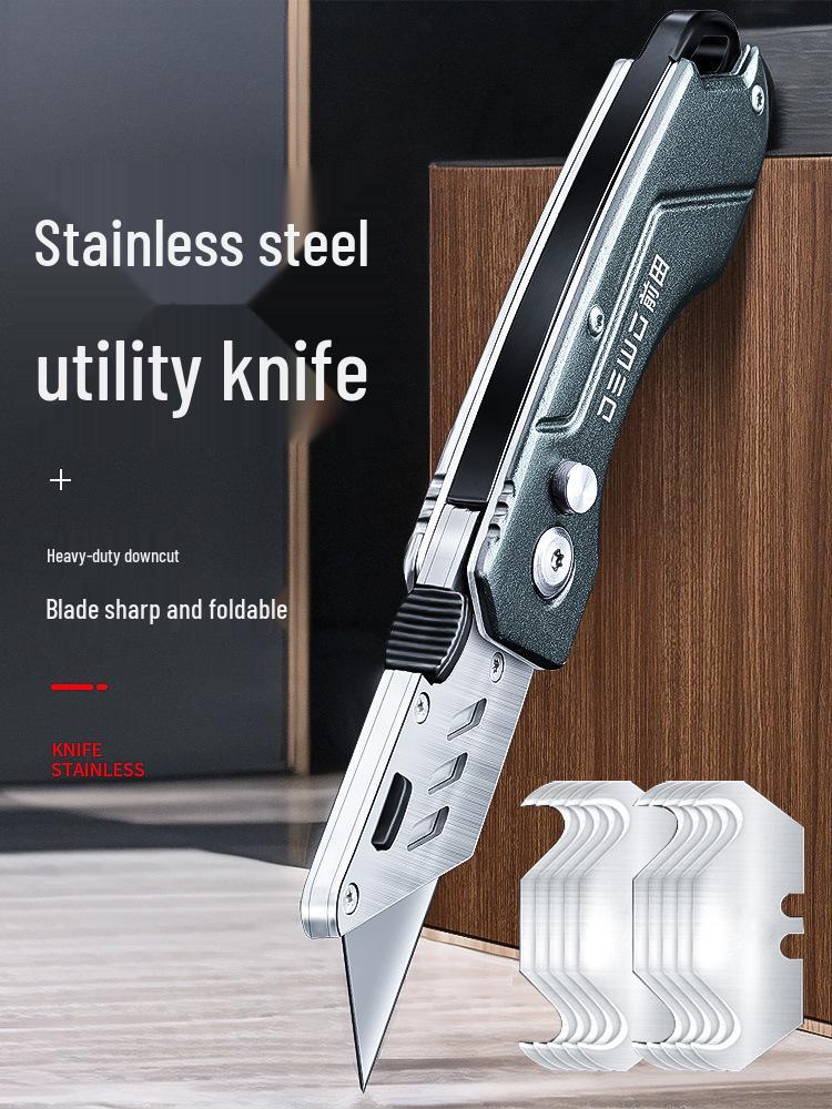DEWO Heavy-Duty Stainless Steel Electrician's Folding Utility Knife with Cable and Wire Stripper, Thickened Hook.