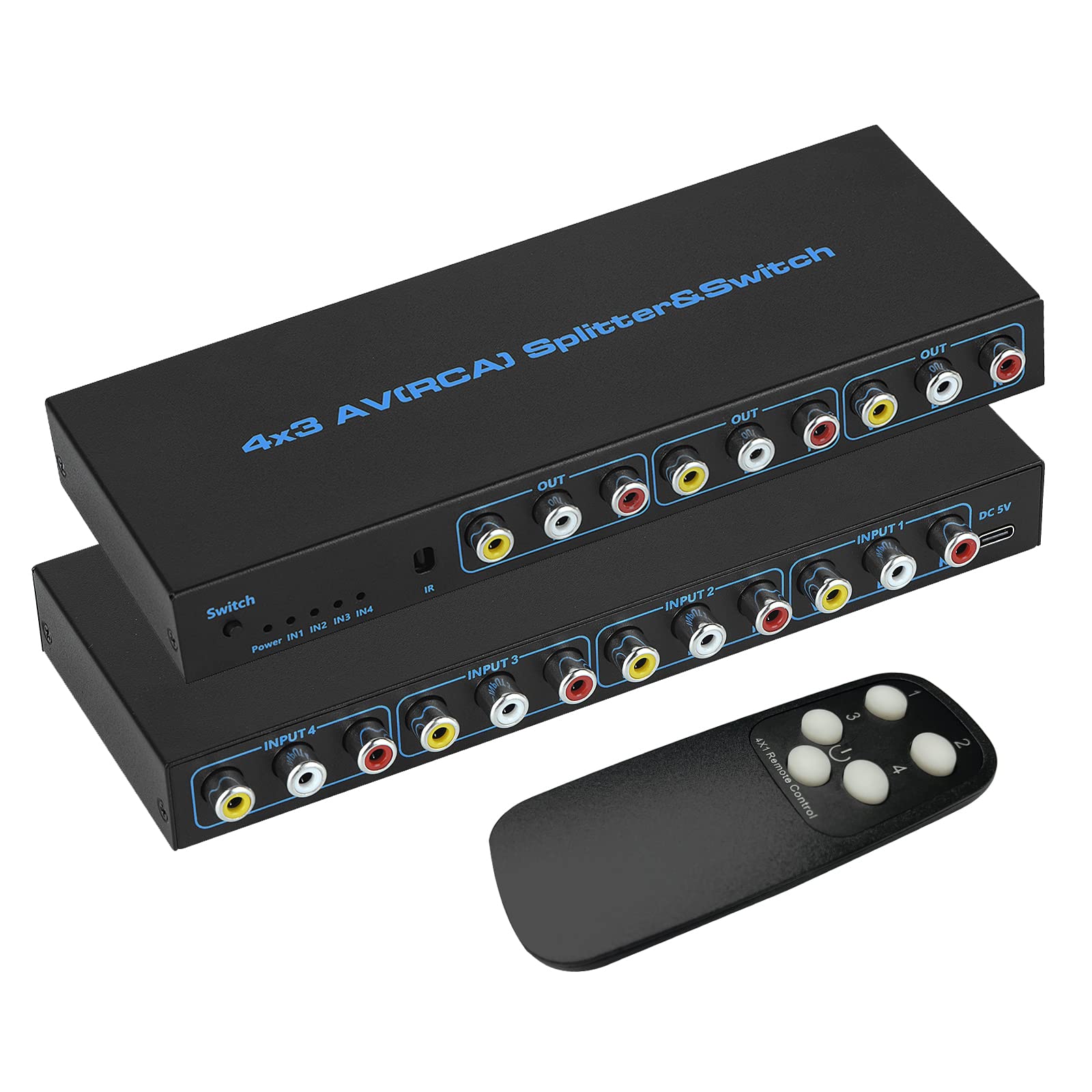 

RCA Switcher Selector 4x3 RCA Switcher Splitter 4 Input 3 Output 1080P 60Hz AV Switcher Compatible with DVD Camera Video Includes IR Remote Control чорний