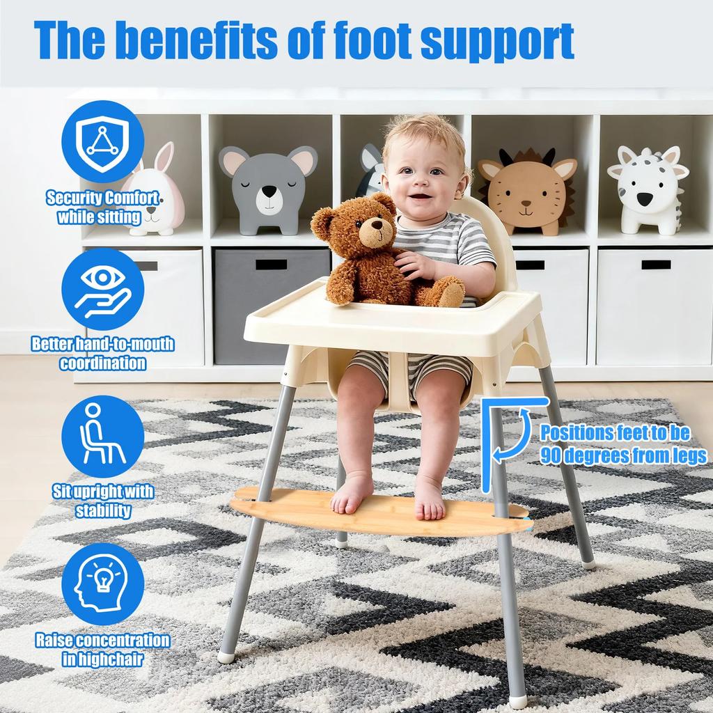 2Pcs Bamboo High Chair Foot Rest Easy Installation Adjustable Height Baby Highchair Pedal for Home Restaurant Dining
