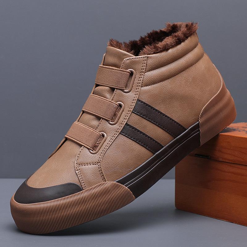 Зимняя обувь для мужчин кожаные ботинки модные теплые плюшевые модные полосатые кожаные повседневные ботинки уличные противоскользящие зимние ботинки 38 коричневый 4529₽