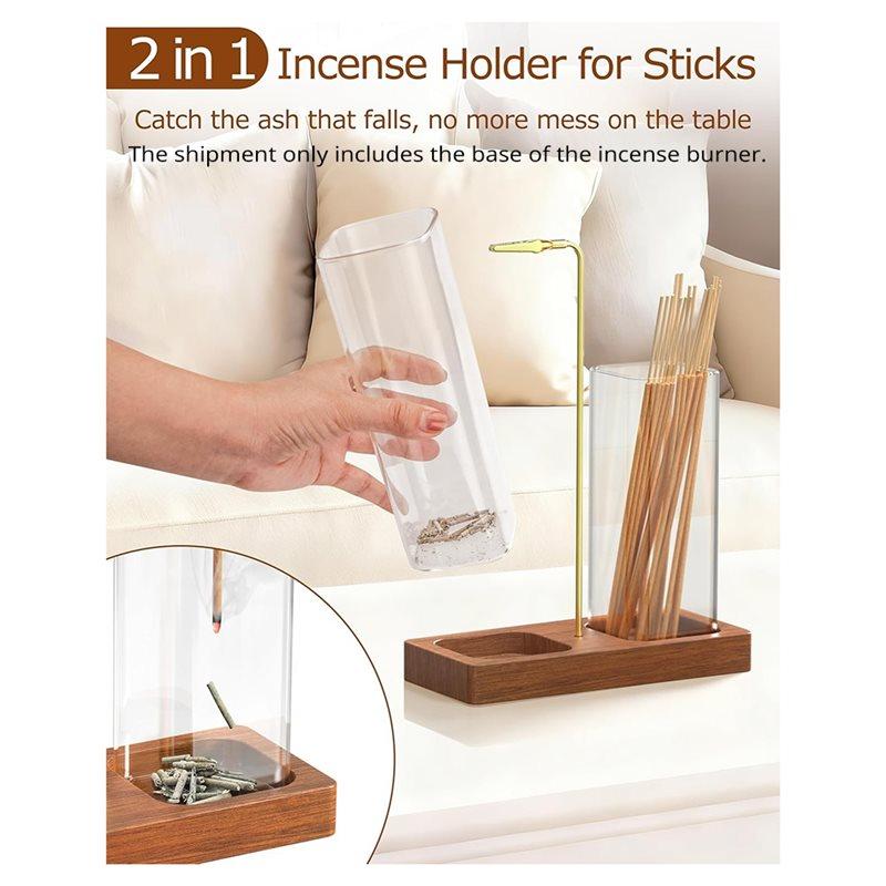 A84E-Glass Incense Holder 2 In 1 With Wooden Base, Ash Catcher& Storage For Home Decor