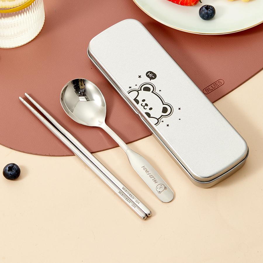 3pcs/set Cute Portable 316 Stainless Steel Tableware Chopsticks Spoons With Storage Box Reusable Outdoor Picnic Cutlery  Set