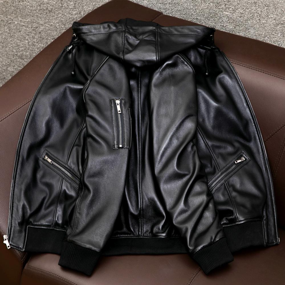 New Genuine Sheepskin Leather Jacket Men Slim Fit Hooded Casual Single Coat
