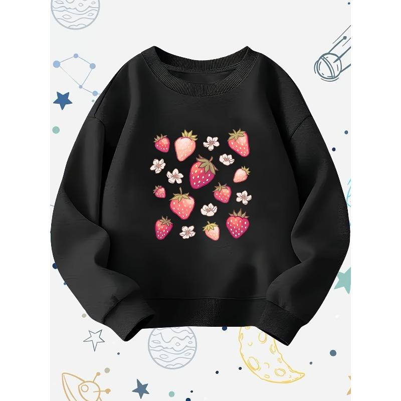 Strawberry and Cherry Pattern Children's Long-sleeved Round-neck Pullover, Suitable for Home, Play, Daily Wear, School, Christmas and Halloween Gifts