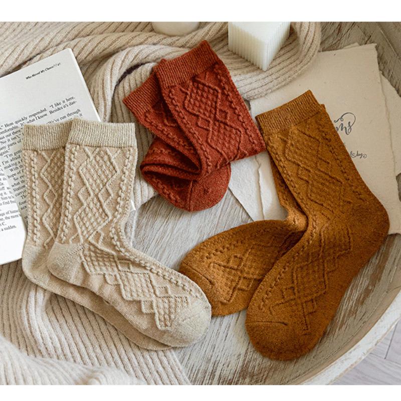 Winter Cashmere Wool Women Socks Solid Japanese Style Retro Long Women Girls Thermal Crew Sock