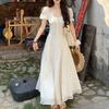 French Apricot Short-sleeved Dress Women's Summer New Vacation Style Bubble Sleeve Temperament Waist and Thin Long Dress