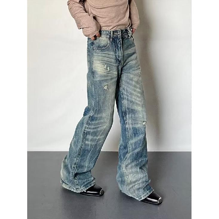 Autumn And Winter New American High Street Washed Light Colored Jeans For Men And Women Straight Leg Slightly Flared Loose Wide Leg Pants