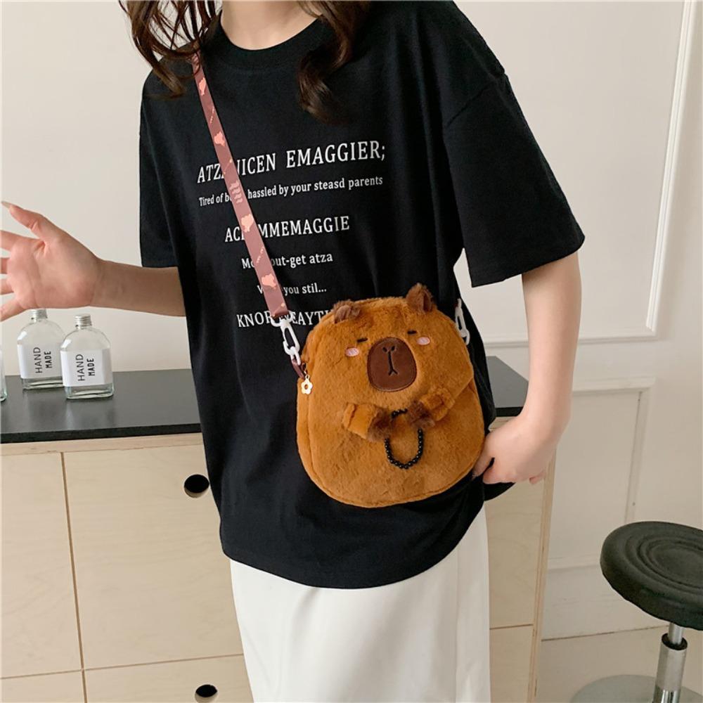 Zipper Capybara Plush Shoulder Bag Animal Cartoon Cartoon Capybara Handbag  Unisex