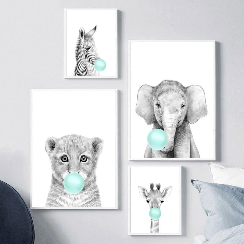 Nordic Kids Room Teal Bubble Elephant Giraffe Child Animal Minimalist Wall Art Print Canvas Painting Posters for Home Decor