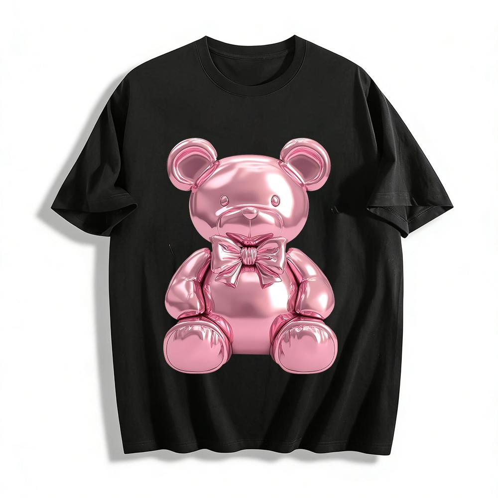 

Shiny Pink Bear Bow Print Casual T-Shirt Unisex Loose Comfortable Daily Versatile Top Pure cotton T-shirt XXS