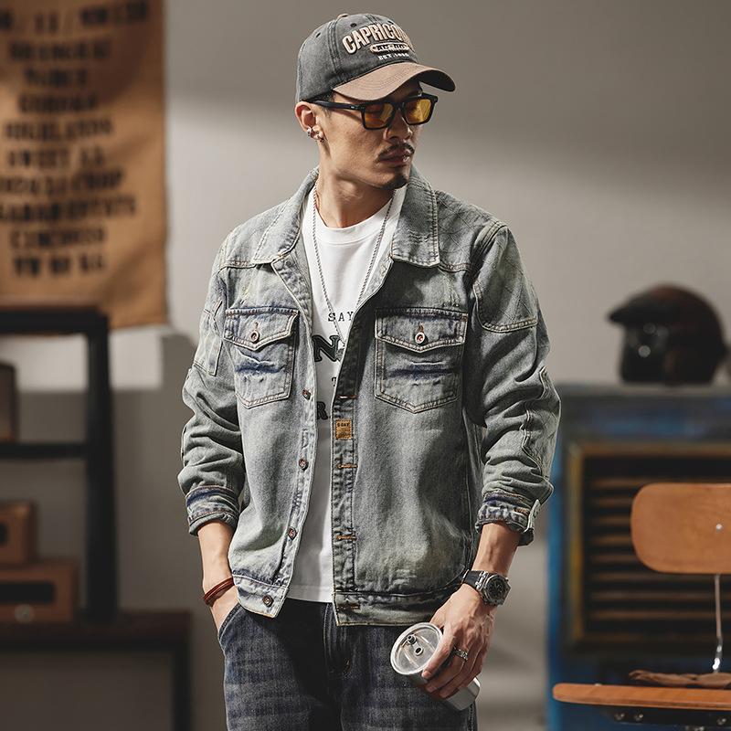Retro Washed Denim Jacket for Men, Slim Fit Workwear, Casual Top