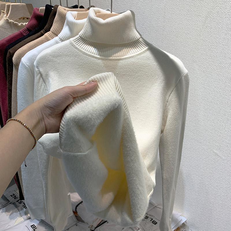 Turtleneck Sweater Women's Fleece Thickened New Integrated Mink Fleece Inner Top Shirt Women's Winter Thick