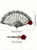 Vintage spanischer Faltfächer, Flamenco-Rosen-Spitzendekor, eleganter schwarzer Damen-Handfächer, geeignet für Damenpartys und Hochzeiten