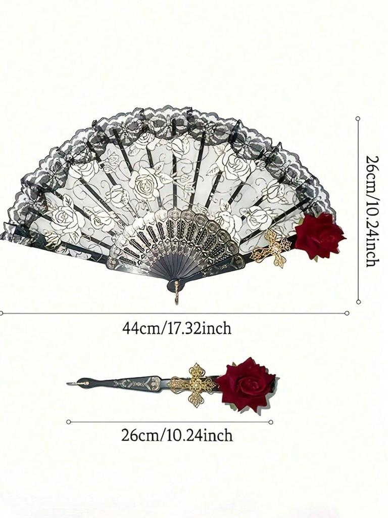 Vintage spanischer Faltfächer, Flamenco-Rosen-Spitzendekor, eleganter schwarzer Damen-Handfächer, geeignet für Damenpartys und Hochzeiten
