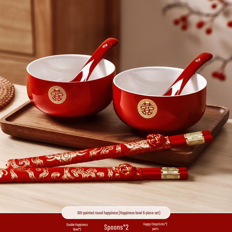 Wedding Tea Cup & Chopstick Set: Toasting Bowls and Red Dowry Supplies