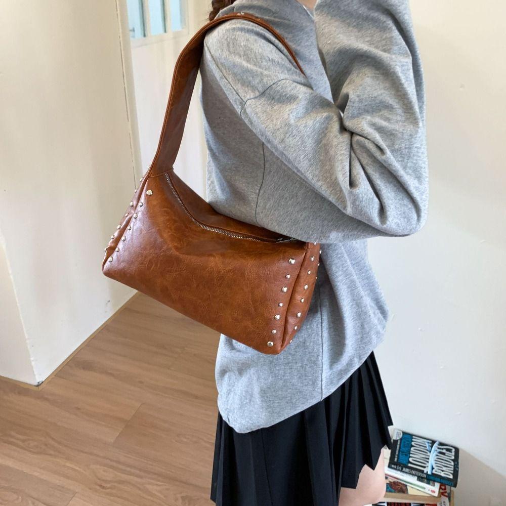 Spicy Girl Style Retro Rivet Handbag French Commuting Shoulder Bag Pillow Underarm Bag  Women