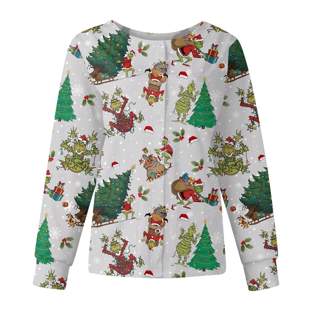 Women's Casual Fashion Long Sleeve Standing Collar Single Breasted Christmas Print Workwear Jacket Tops