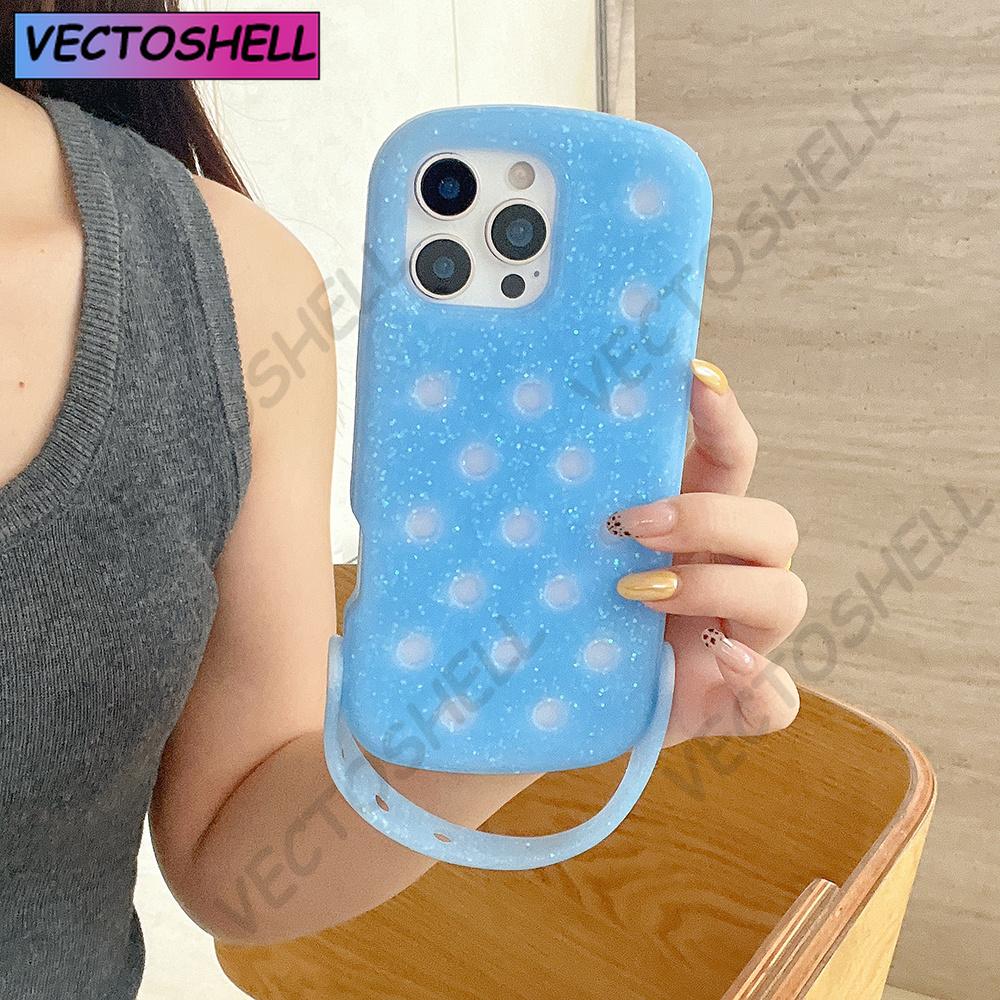 For Crocs Charms DIY Wrist Strap Holder Phone Case For iPhone 17 16 15 14 Pro Max Air 13 Solid Color Soft Silicone Back Cover