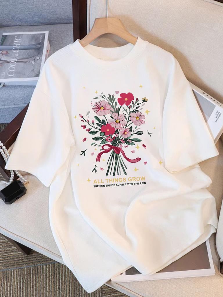 Summer T-Shirts Women Cotton All Things Grow Beautiful Flowers Print Tops Loose O-Neck Soft Comfortable T Shirt Casual Clothes