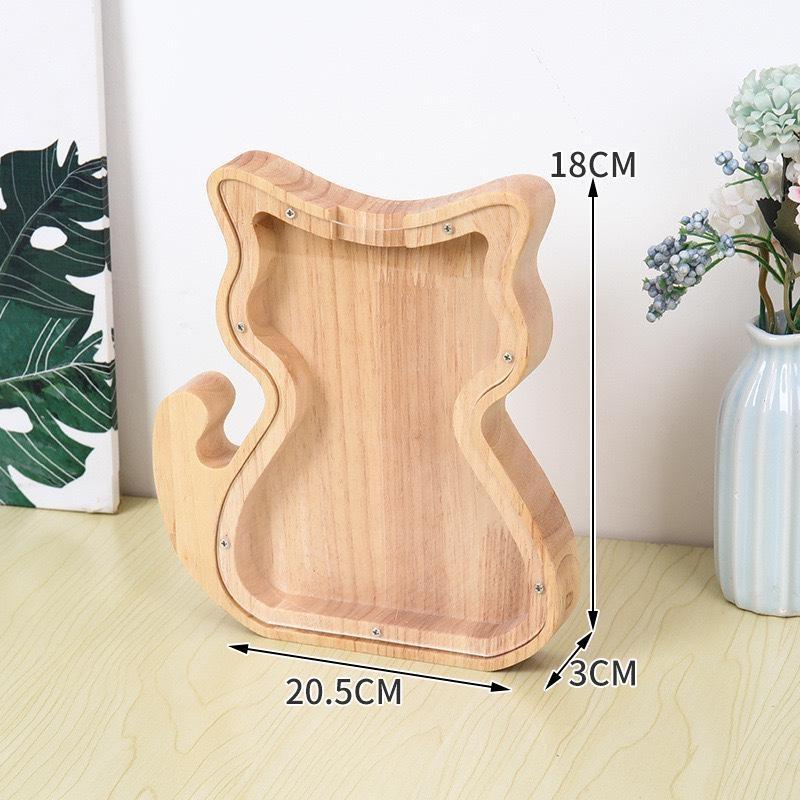 Wooden Animal Piggy Bank Transparent Cat Elephant Dinosaur Wood Carving Piggy Bank Children Piggy Bank Storage Jar Desktop Decor