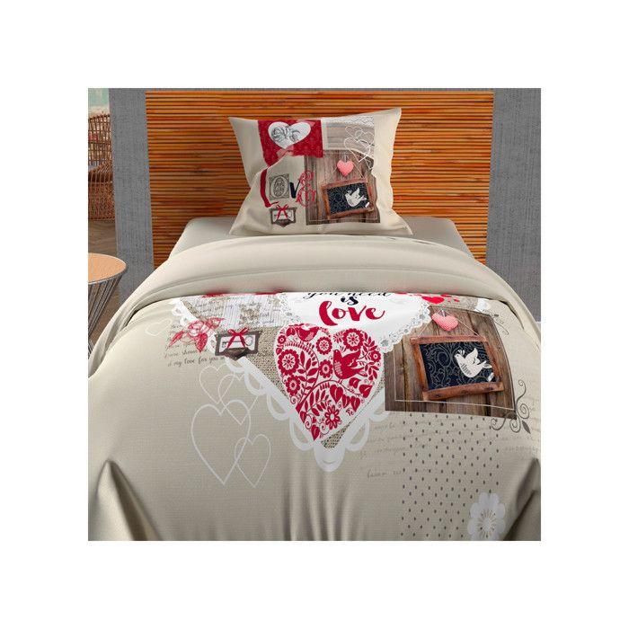SOLEIL D'OCRE Parure de couette Coton WINTER HEART - 1 Housse de couette 140x200 cm + 1 Taie d'Oreiller 63x63 cm - Beige et rouge