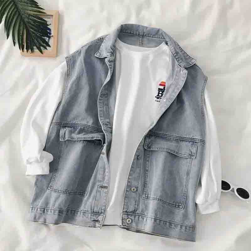 Women Bf Wind Spring Denim Vest Loose All-match Korean Sleeveless Waistcoat Overalls Casual Coat Solid Color