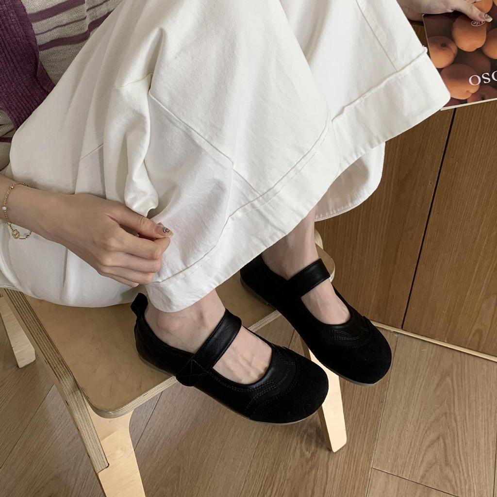 Soft leather Mary Jane single shoes women's 2025 summer new flat-soled soft-soled Velcro fashion versatile casual shoes
