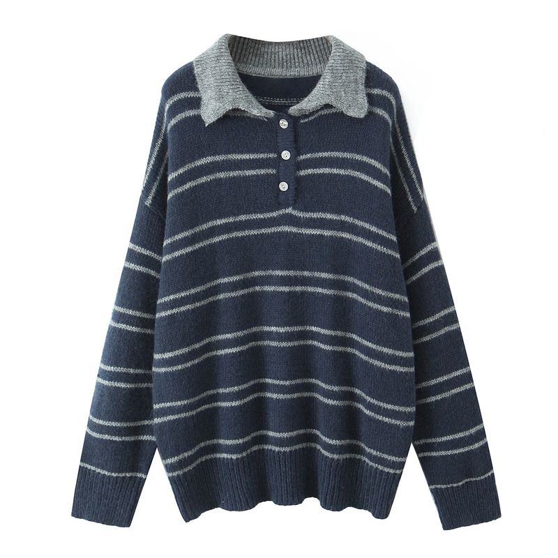Retro Tone American Style Lazy Feeling Loose Contrast Color Stripe Pullover Versatile Sweater Preppy Knit Top