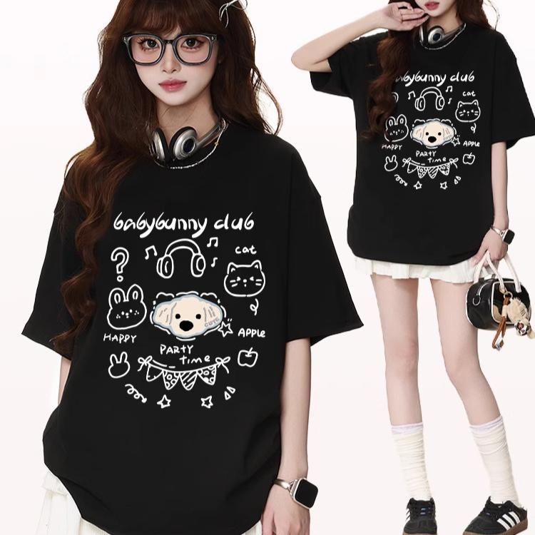 harajuku Round Neck oversize Casual Y2K Tops young girl t shirts 2025 summer pure cotton Women funny cartoon Print T-Shirt streetwear