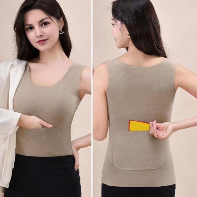 Women Winter Sleeveless Thermal Tank Top Basic Double Layer with Square Neck Warm Camisole Front and Back Pockets