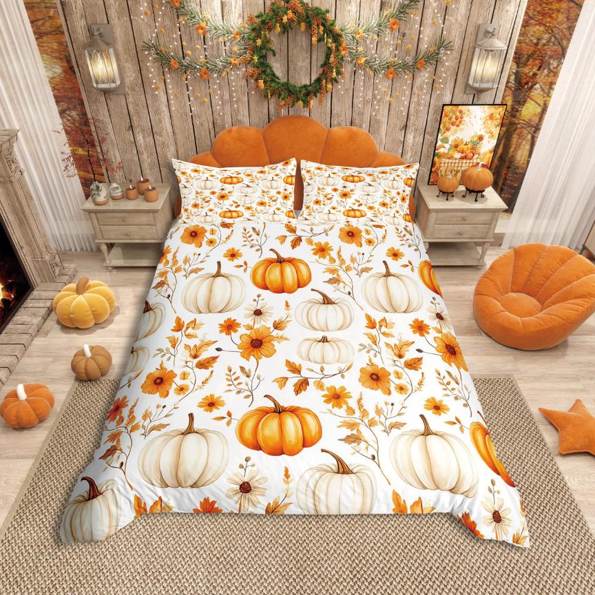 Homewish Thanksgiving Day Duvet Cover SetKawaii Gnome Bedding SetAutumn Harvest Pumpkin Comforter Cover Set