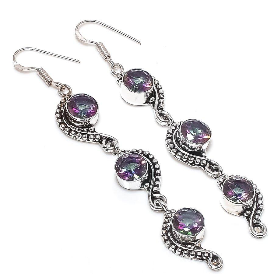 Natural Mystic Topaz Gemstone 925 Sterling Silver Jewelry Earring 3.27" B0B04